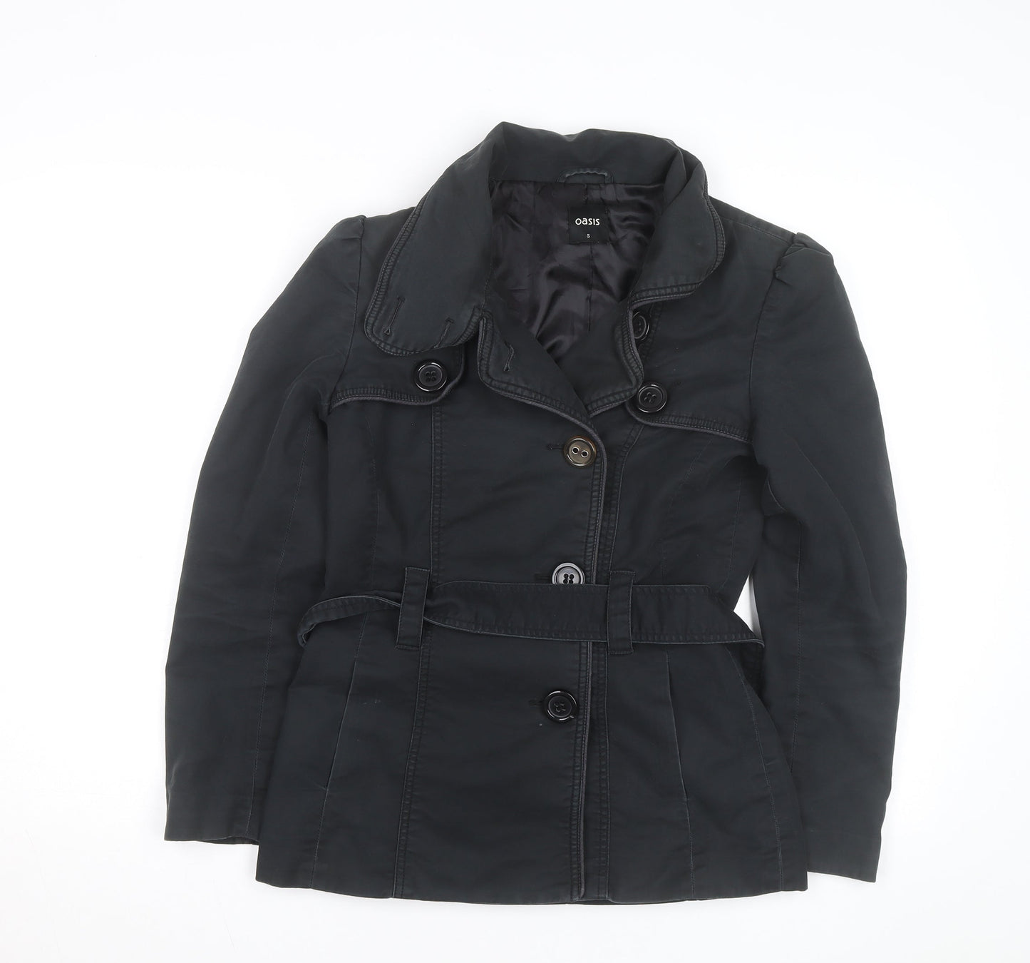 Oasis Women's Black Trench Coat Size S Belted Mid-Length Classic