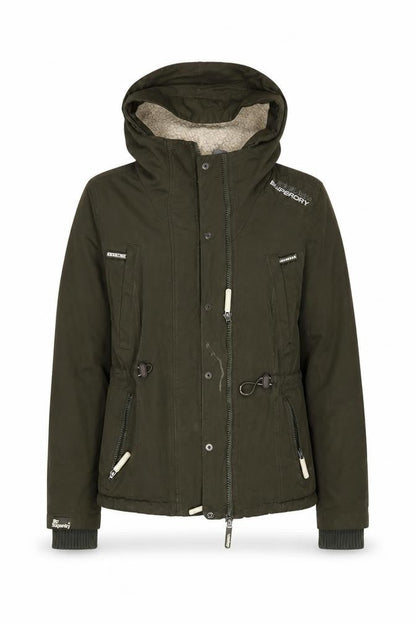 Front view of Superdry girls’ green xl hooded lined microfibre parka coat