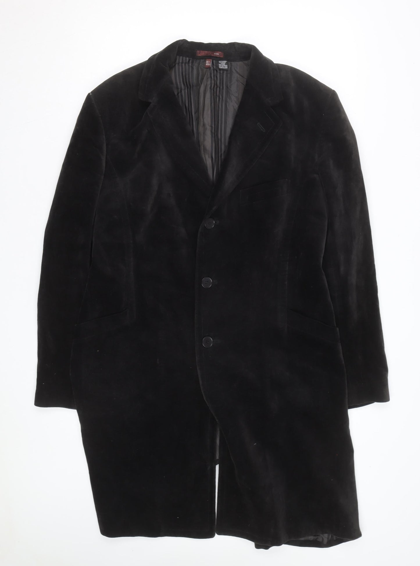 Zara Men Black Velvet Overcoat L Long Formal Jacket
