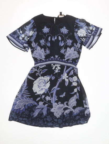 Lipsy Women’s Blue Floral Chiffon Fit & Flare Short Dress Size 8