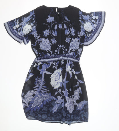 Lipsy Women’s Blue Floral Chiffon Fit & Flare Short Dress Size 8