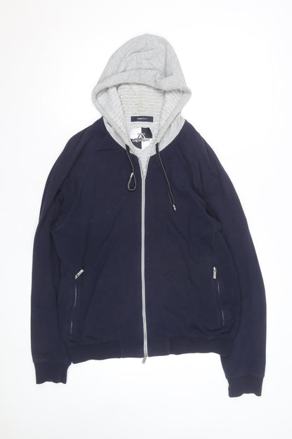 Zegna Sport Mens Blue Full Zip Hoodie with Grey Hood Size L