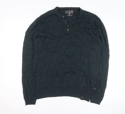 Superdry Mens Green Henley Knit Jumper Size L Long Sleeve Casual