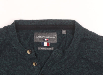 Superdry Mens Green Henley Knit Jumper Size L Long Sleeve Casual