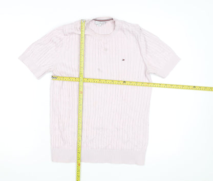 Tommy Hilfiger Men's Pink Cable Knit Cotton Short Sleeve Jumper M