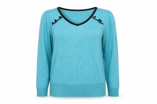 Front view of Red Herring Women’s Blue V-Neck Long Sleeve Cotton Jumper, size UK 10