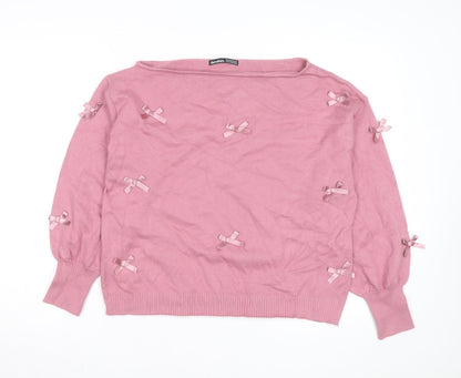 Threadbare Women's Pink Bow Knit Jumper Size 16 Boat Neck