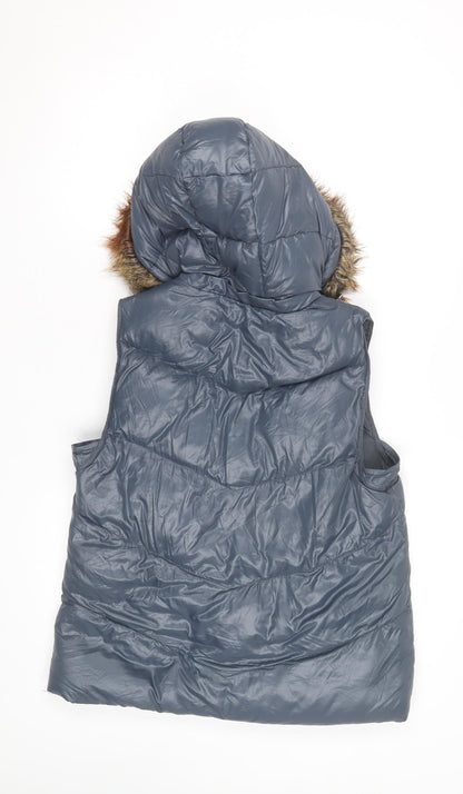 Gap Men's Blue Hooded Puffer Gilet M Faux Fur Trim Winter Waistcoat
