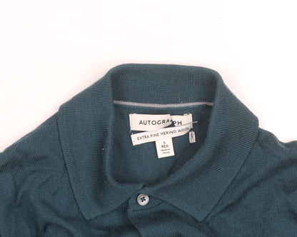 Marks and Spencer Autograph Men's Teal Merino Wool Long Sleeve Polo Shirt Size S