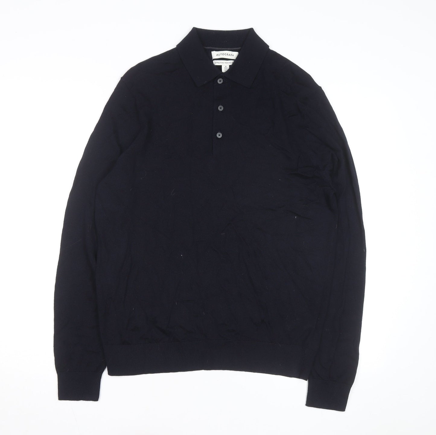 Marks and Spencer Autograph Men's Black Merino Wool Long Sleeve Collared Polo M