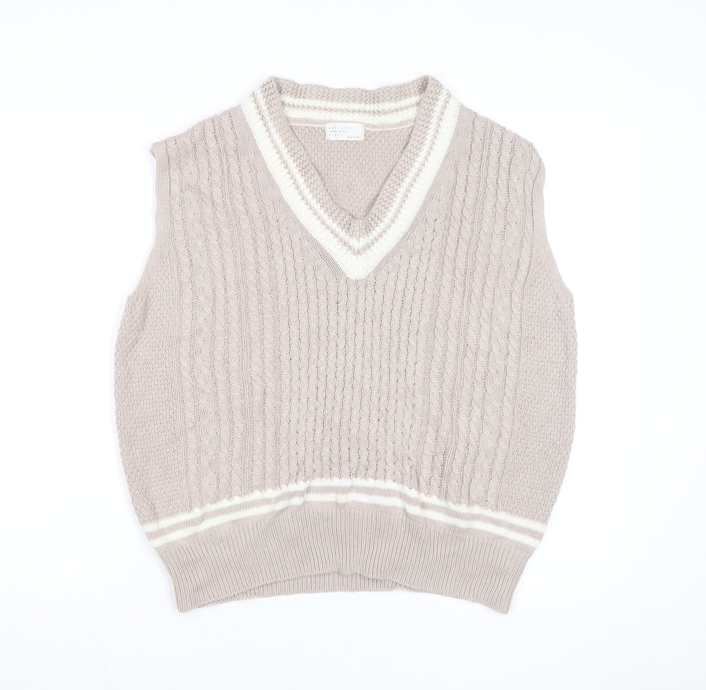 Mongcode Women Beige Cable-Knit V-Neck Sleeveless Jumper Vest M