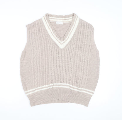 Mongcode Women Beige Cable-Knit V-Neck Sleeveless Jumper Vest M