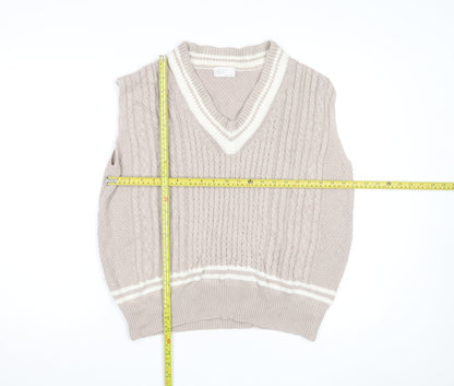 Mongcode Women Beige Cable-Knit V-Neck Sleeveless Jumper Vest M