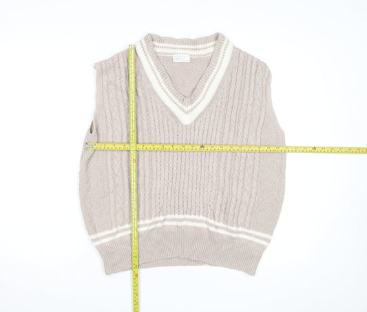 Mongcode Women Beige Cable-Knit V-Neck Sleeveless Jumper Vest M