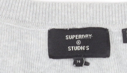 Superdry Womens Grey V-Neck Relaxed Cotton Jumper Size 14