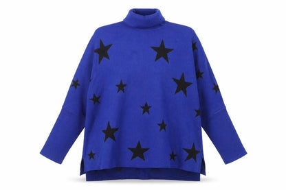 Colour Eighteen Women Blue Star Roll Neck Long Sleeve Relaxed Jumper M