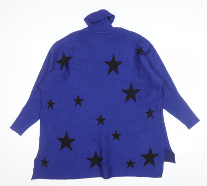 Colour Eighteen Women Blue Star Roll Neck Long Sleeve Relaxed Jumper M