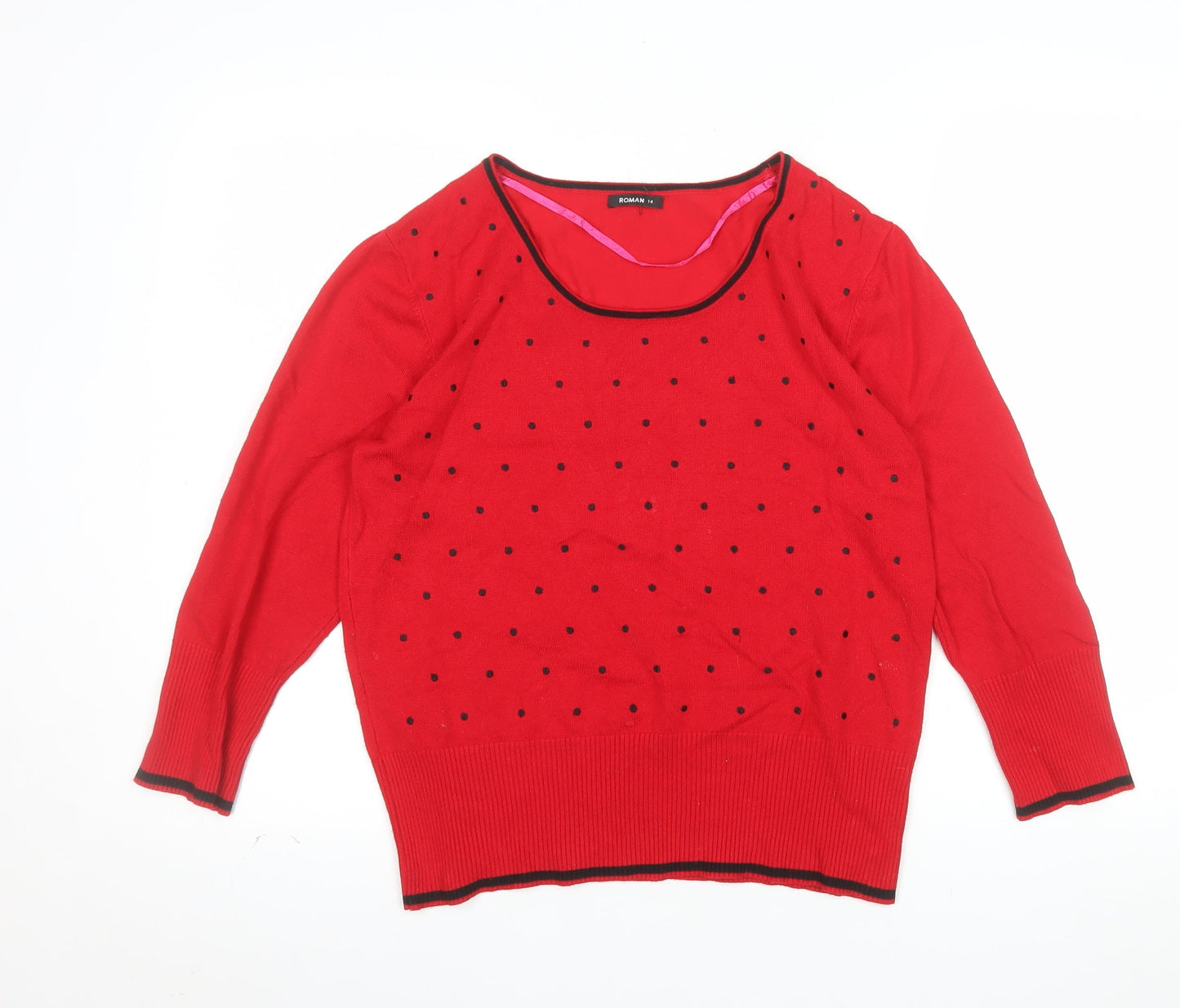 Roman Women's Red Polka Dot Scoop Neck Knit Jumper Size 14