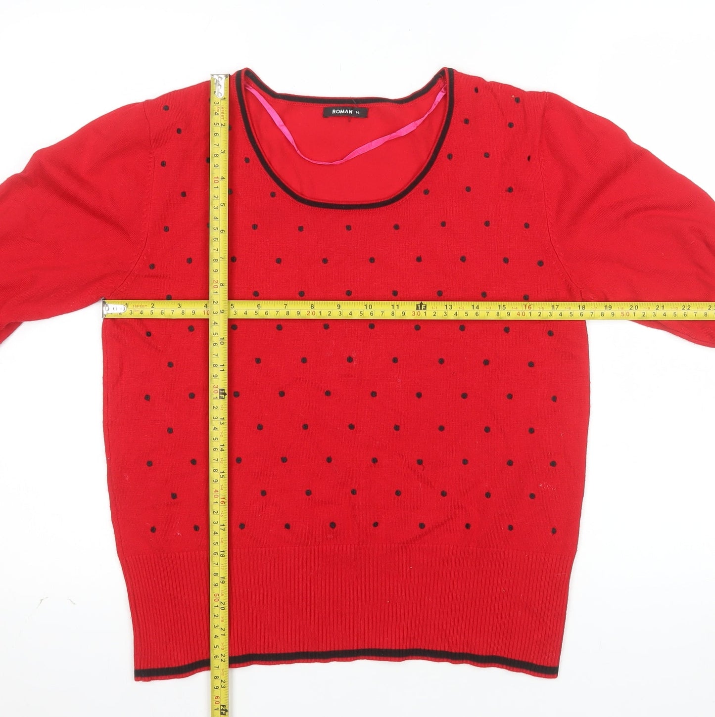 Roman Women's Red Polka Dot Scoop Neck Knit Jumper Size 14