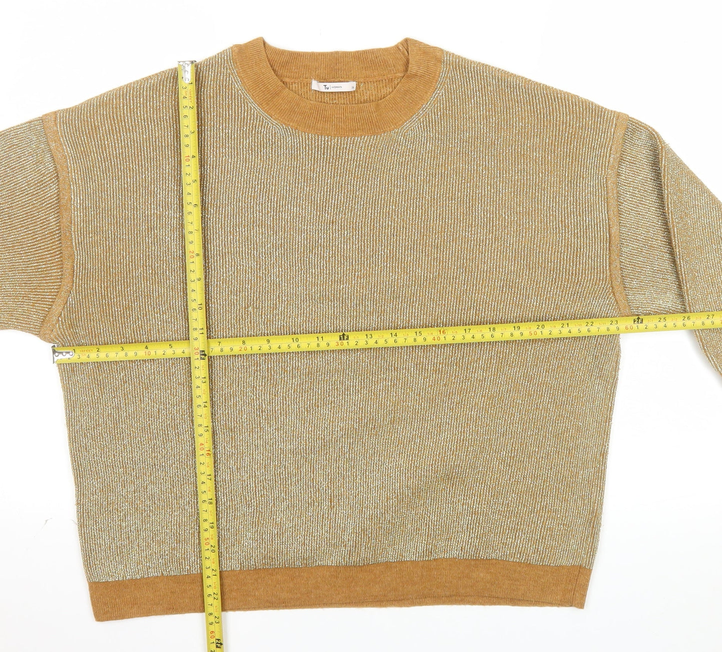 Tu Women Gold Metallic Knit Crew Neck Pullover Jumper Size 20