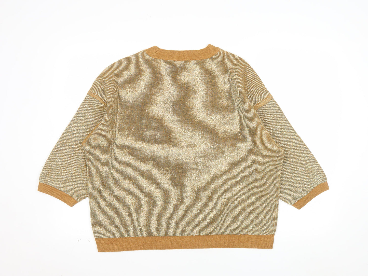 Tu Women Gold Metallic Knit Crew Neck Pullover Jumper Size 20