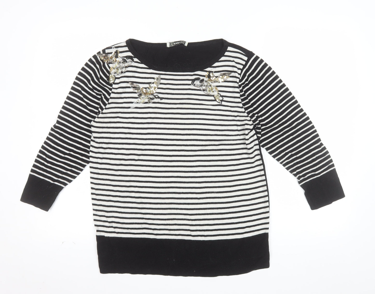 Oasis Women’s Black Striped Bird Jumper L Embroidered Sequin Knit
