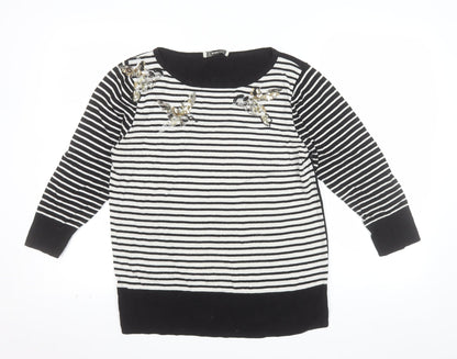 Oasis Women’s Black Striped Bird Jumper L Embroidered Sequin Knit
