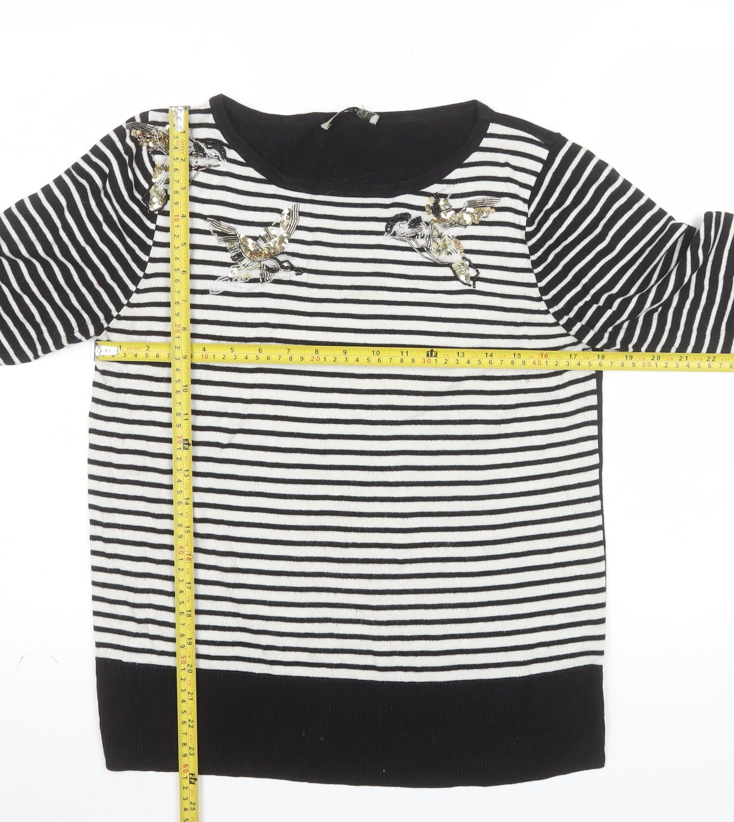 Oasis Women’s Black Striped Bird Jumper L Embroidered Sequin Knit