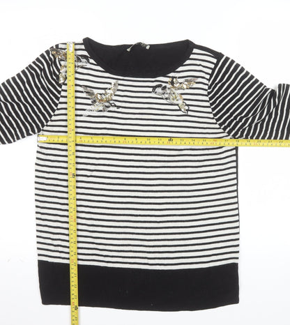 Oasis Women’s Black Striped Bird Jumper L Embroidered Sequin Knit
