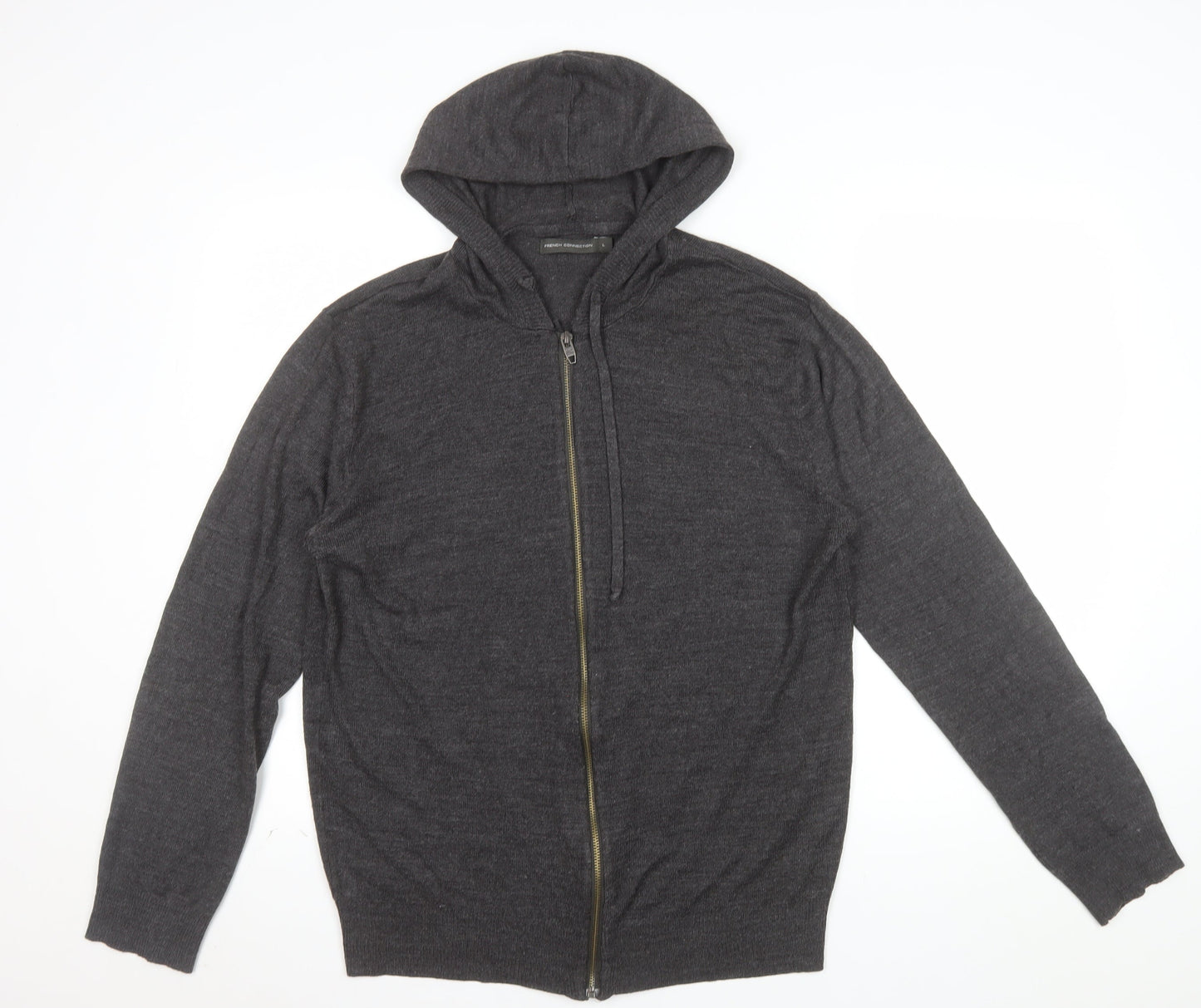 French Connection Men's Grey Wool Full Zip Hooded Jumper Size L