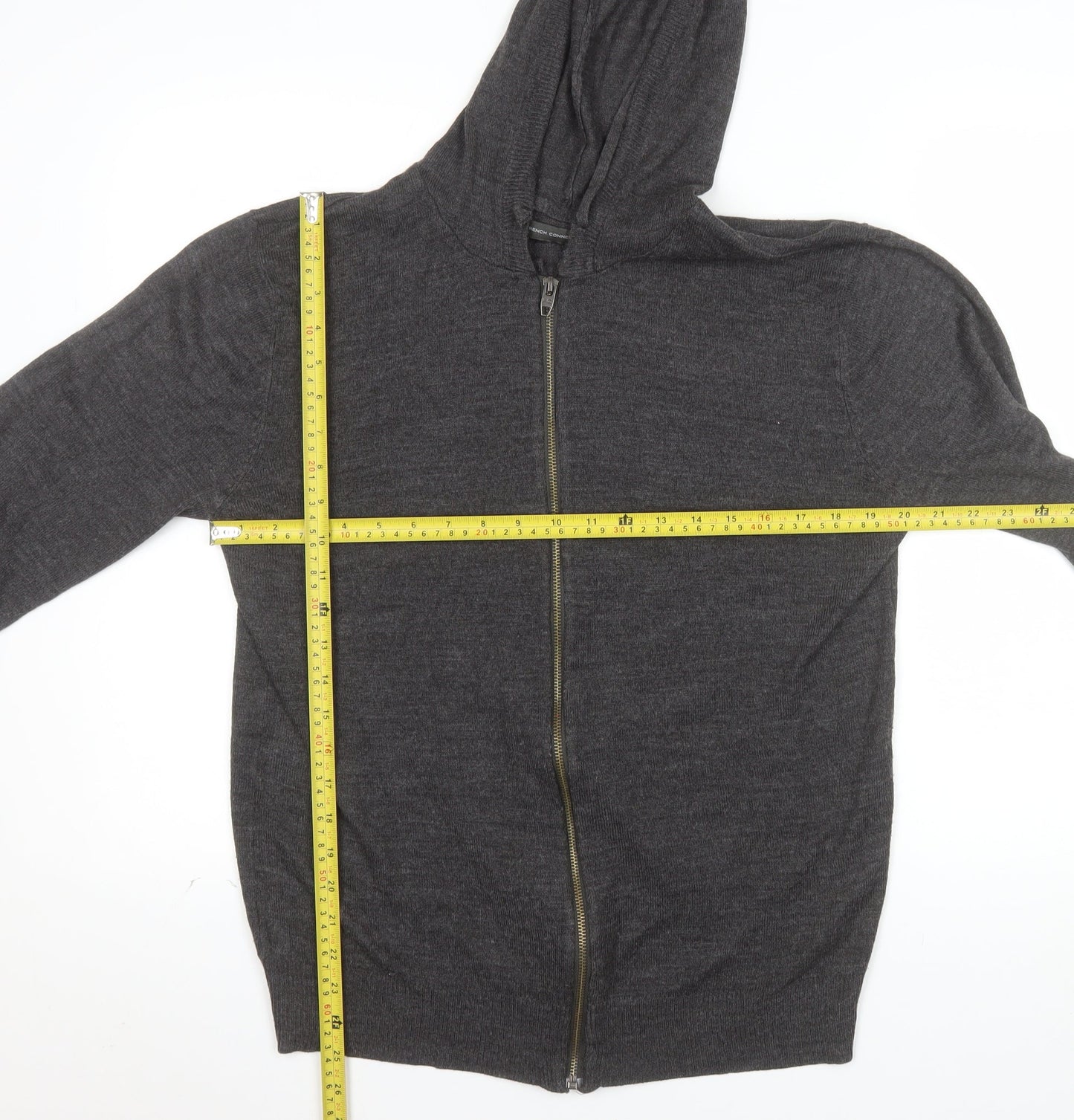 French Connection Men's Grey Wool Full Zip Hooded Jumper Size L