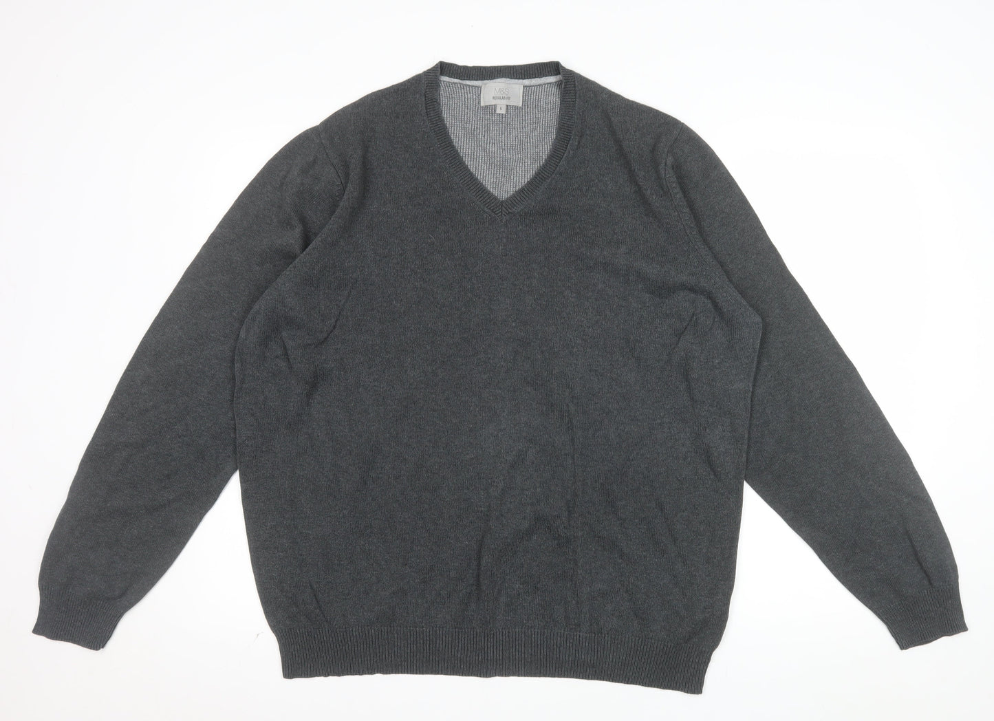 Marks and Spencer Men's Grey Cotton V-Neck Jumper L Regular Fit
