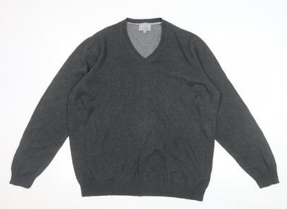 Marks and Spencer Men's Grey Cotton V-Neck Jumper L Regular Fit