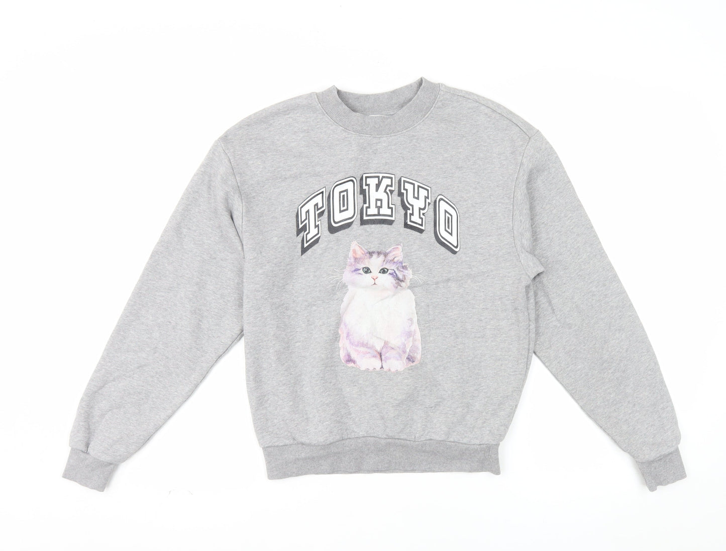 Monki Women Grey TOKYO Cat Print Pullover Sweatshirt XXS