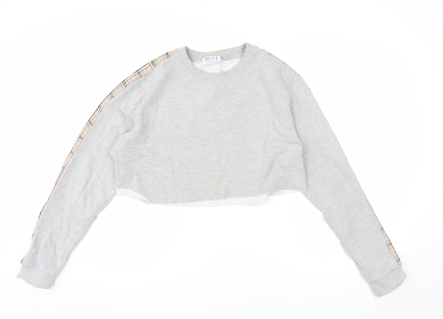 BEST Women Grey Checked Sleeve Cropped Pullover Sweatshirt M