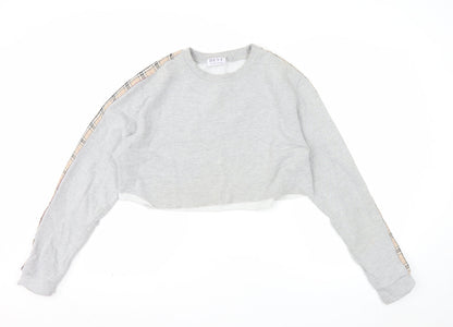 BEST Women Grey Checked Sleeve Cropped Pullover Sweatshirt M