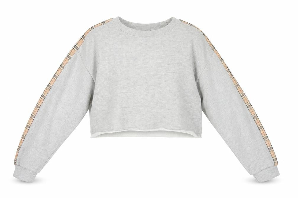 Best Women Grey Checked Sleeve Cropped Pullover Sweatshirt M