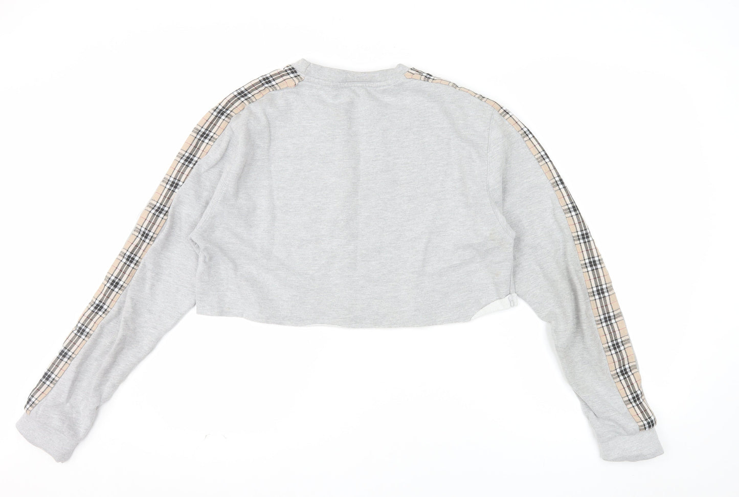 BEST Women Grey Checked Sleeve Cropped Pullover Sweatshirt M