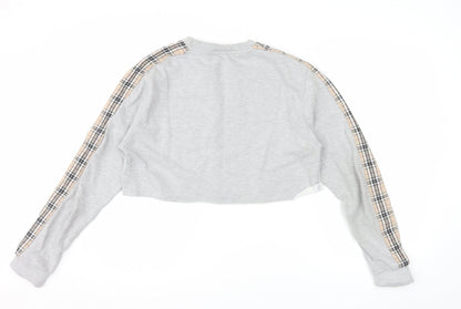 BEST Women Grey Checked Sleeve Cropped Pullover Sweatshirt M