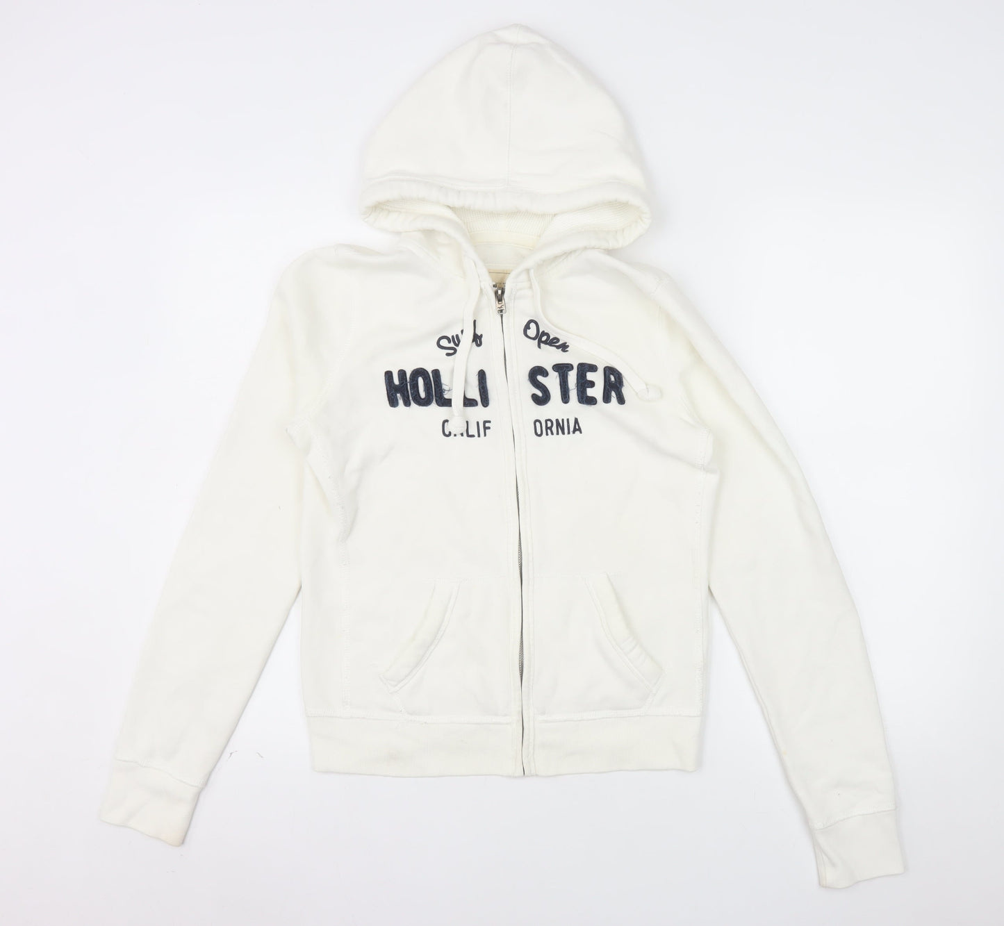 Hollister Women’s White Full Zip Hoodie Medium Cotton Blend Embroidered
