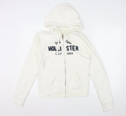 Hollister Women’s White Full Zip Hoodie Medium Cotton Blend Embroidered