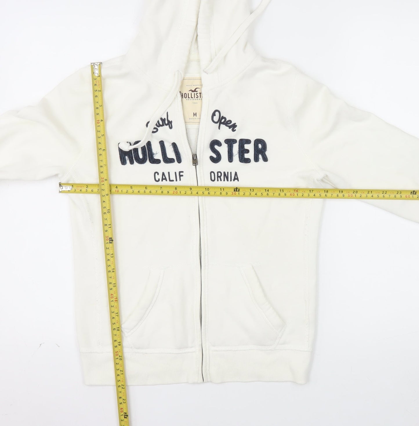 Hollister Women’s White Full Zip Hoodie Medium Cotton Blend Embroidered