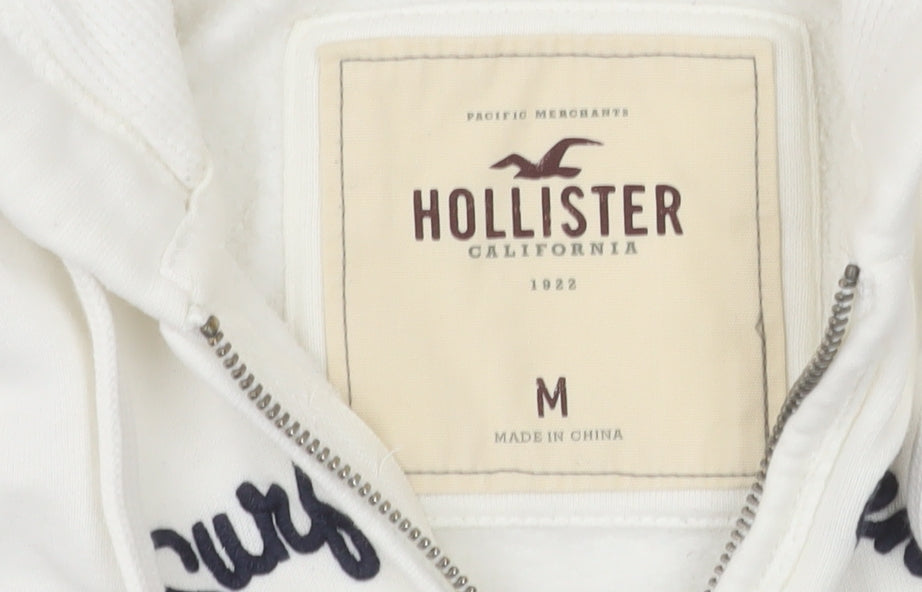 Hollister Women’s White Full Zip Hoodie Medium Cotton Blend Embroidered