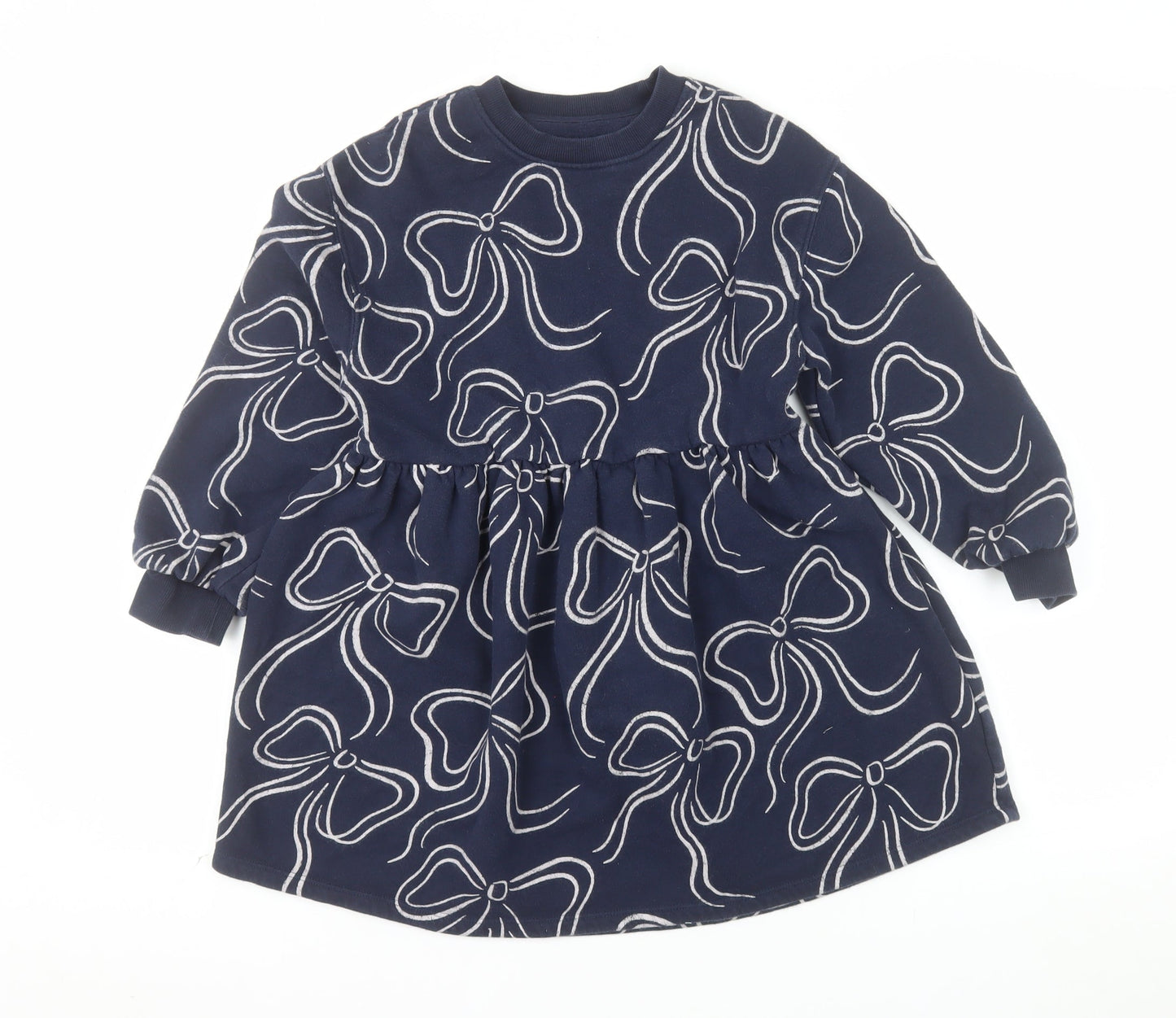 Marks and Spencer Girls Blue Bow Print Long Sleeve Jersey Dress 7-8 Years