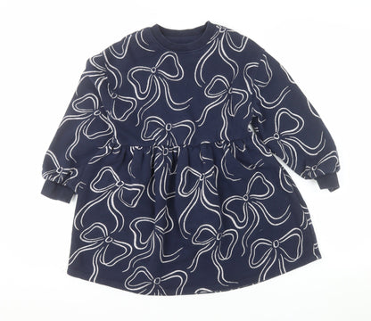 Marks and Spencer Girls Blue Bow Print Long Sleeve Jersey Dress 7-8 Years