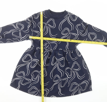 Marks and Spencer Girls Blue Bow Print Long Sleeve Jersey Dress 7-8 Years