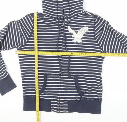 American Eagle Outfitters Women Navy Blue Striped Full Zip Hoodie Size M