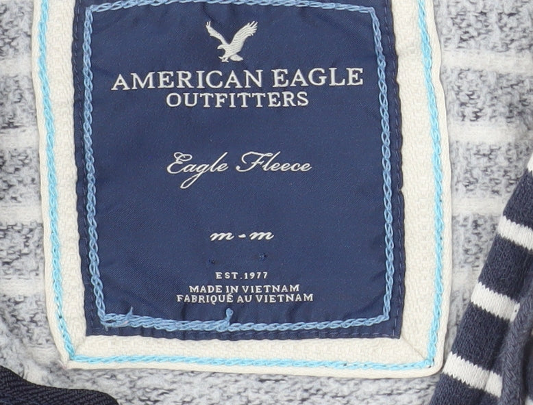 American Eagle Outfitters Women Navy Blue Striped Full Zip Hoodie Size M