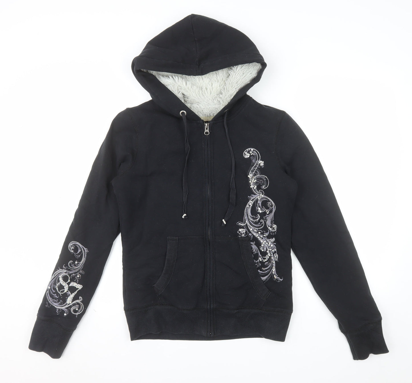 Aeropostale Womens Black Embellished Full Zip Hoodie M Lined Fur Sweatshirt