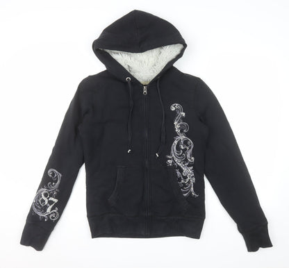 Aeropostale Womens Black Embellished Full Zip Hoodie M Lined Fur Sweatshirt